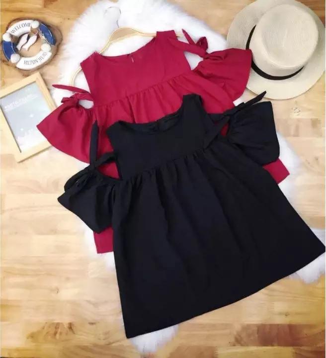 Aó tay rớt đen đính nơ babydoll