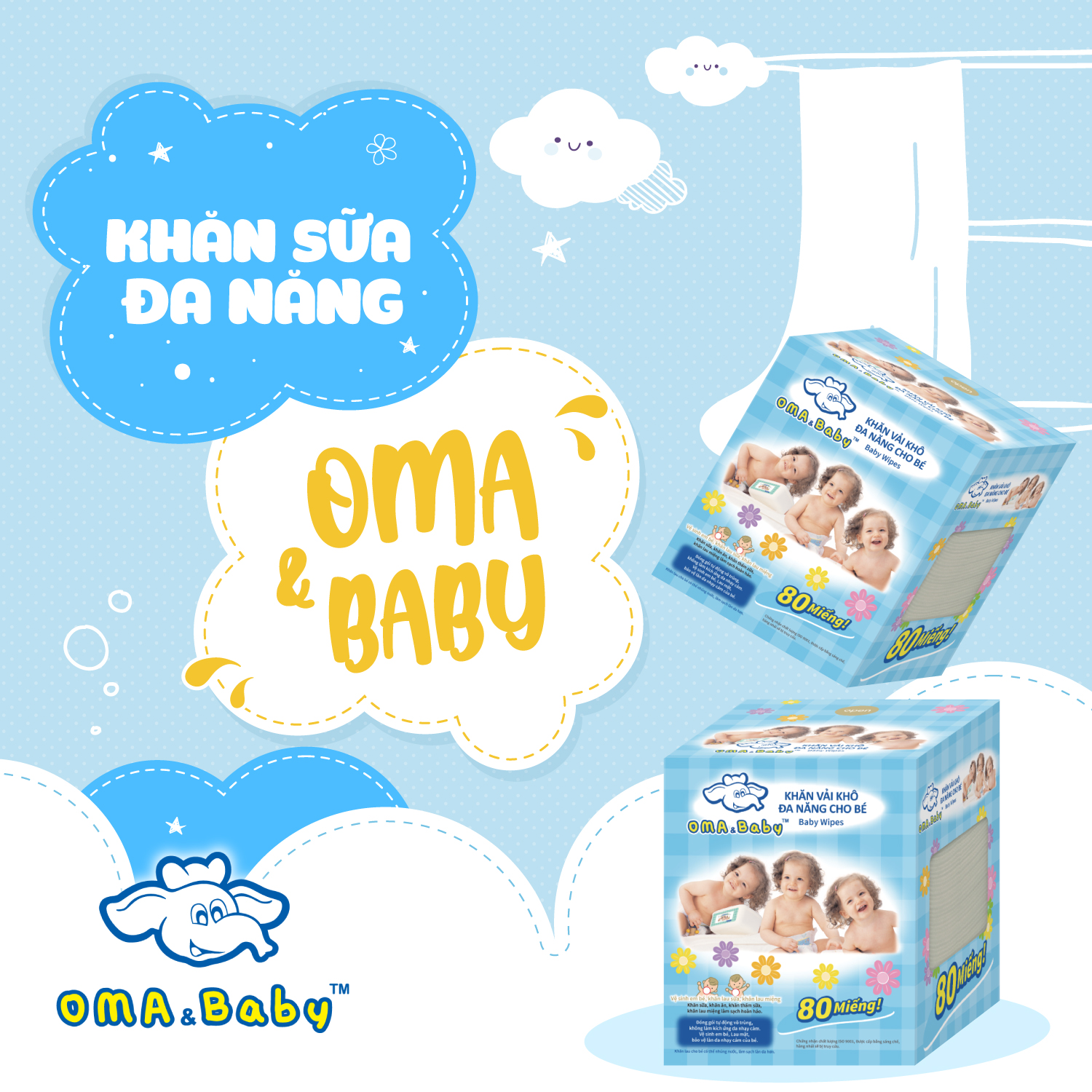 Khăn vải khô đa năng cho bé Oma Baby ( 1 Hộp/ 80 Miếng) - Oma & Baby Premium Baby Dry Multi-Functional Cloths ( 80 cloths per box)