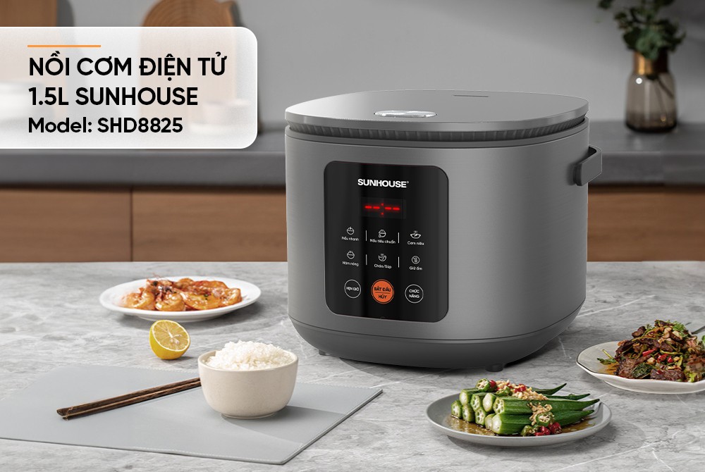 Nồi cơm điện tử 1.5L Sunhouse SHD8825 - 700W, 6 chức năng, Hẹn giờ nấu 24h, Chống dính Daikin 2 lớp, Lòng nồi 1.2mm - Hàng chính hãng