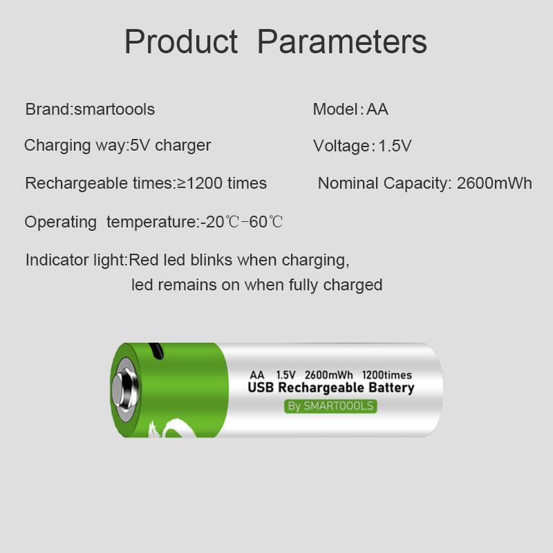 4 cái/lốc AA USB sạc pin li-ion 1.5V 2600mWh cho chuột điều khiển từ xa quạt nhỏ Pin đồ chơi điện + Cáp Màu sắc: Hộp đựng pin