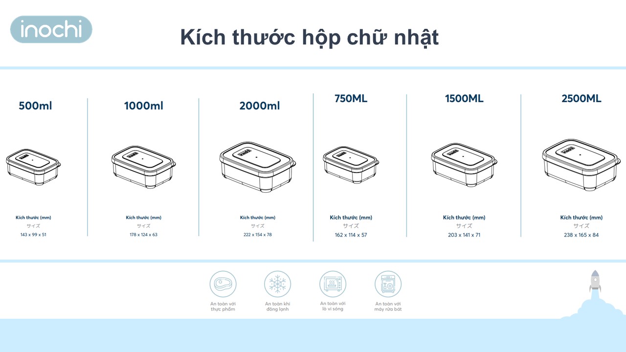 Bộ 6 hộp đựng thực phẩm chữ nhật Inochi Hokkaido (500-750-1000-1500-2000-2500ml)