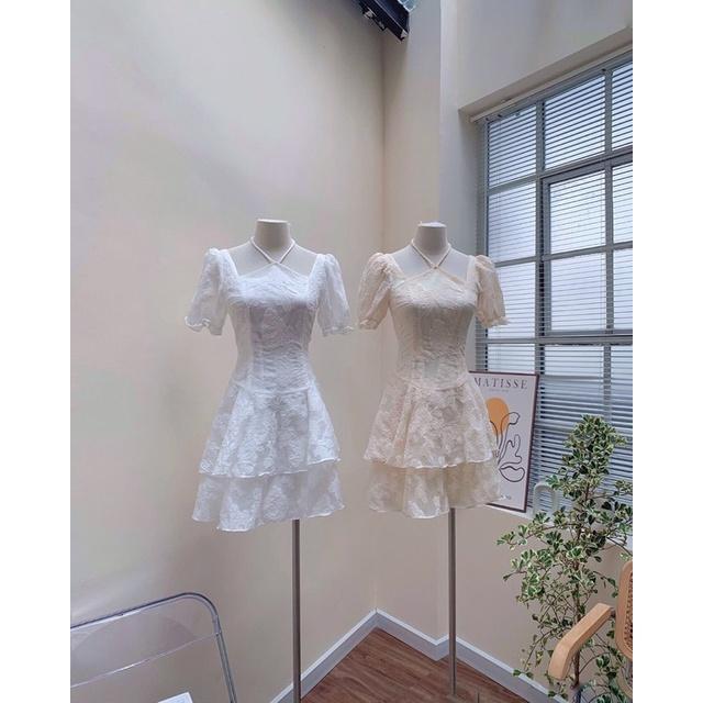 Váy nữ xòe hai tầng hoa tiết hoa dây buộc cổ hàng thiết kế vnd0822v07 by germe