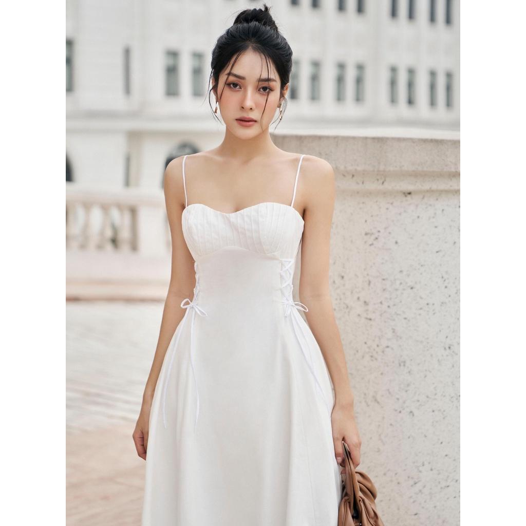 RECHIC Đầm dài Taylor chất linen kiểu hay dây có rút dây ở eo dịu dàng nữ tính phù hợp đi các buổi tiệc