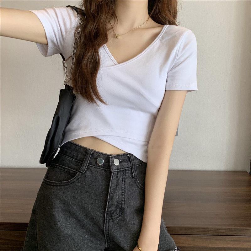 MS31 Áo thun nữ trơn vạt chéo croptop hở eo