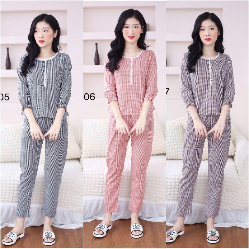 Quần áo mặc nhà thu đông cổ tròn sang đẹp đồ sau sinh