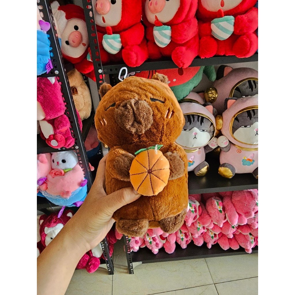 Thú nhồi bông Capybara ôm quả dâu, bí đỏ, dứa đáng yêu - Size 22cm - Quà tặng gấu bông chuột lang ôm trái cây mềm mịn