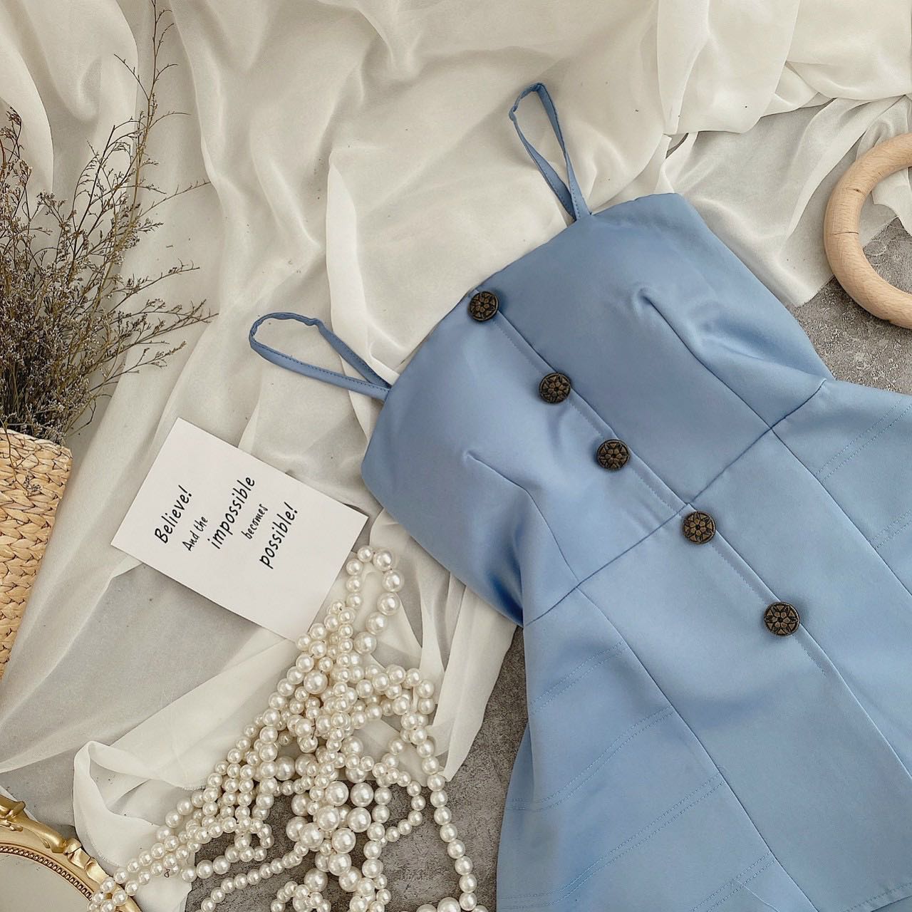 Set Áo Peplum Xanh Hai Dây & Chân Váy Xoè - Hậu Nguyễn Store