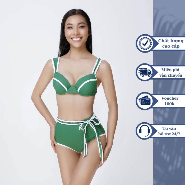 Đồ bơi nữ BIKINI PASSPORT dạng �hai mảnh lưng cao áo gọng, phối đường cách điệu - Xanh lá cây - BS419_GN