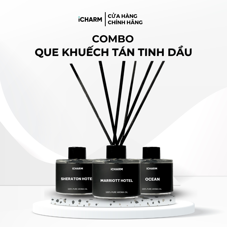 Combo que khuếch tán tinh dầu hương nước hoa, khách sạn 50ml, 100ml iCHARM tạo hương thơm, khử mùi hôi