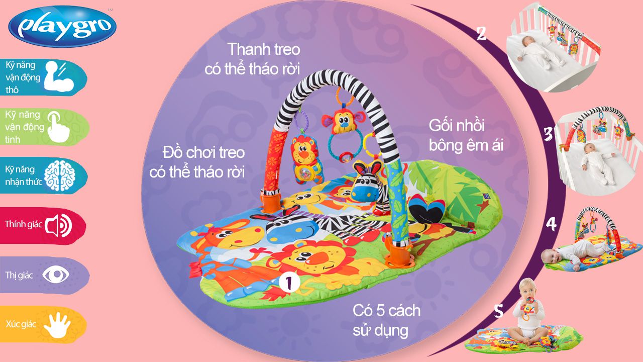 Thảm Chơi Thú Hoang Dã 5 In 1 Safari Playgro, Cho Bé Sơ Sinh Đến 24 Tháng