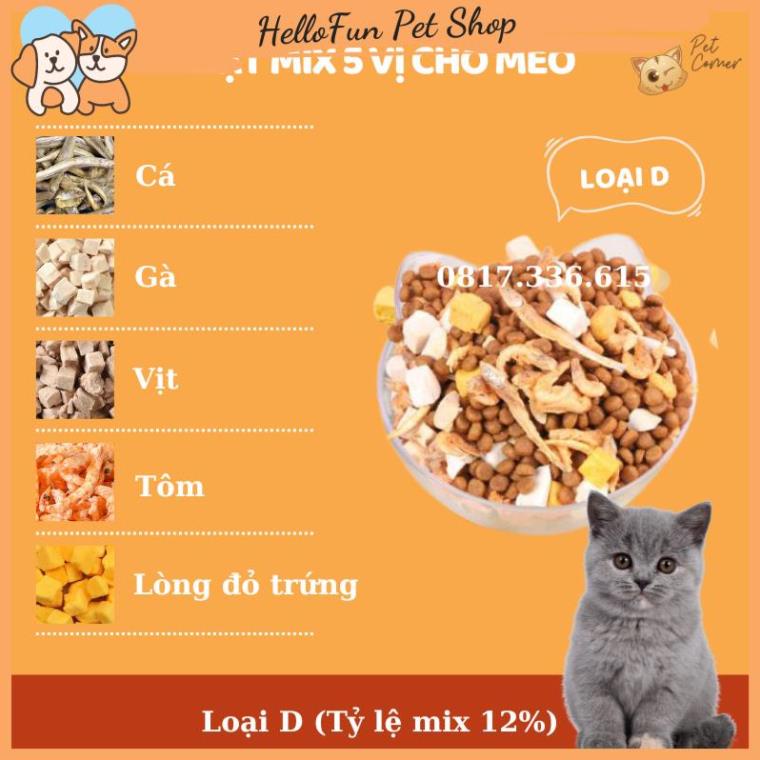 Hạt mix cao cấp cho mèo trộn thịt bò, gà, tôm, cá, lòng đỏ trứng, rau củ quả - Thức ăn hạt cho mèo kén ăn