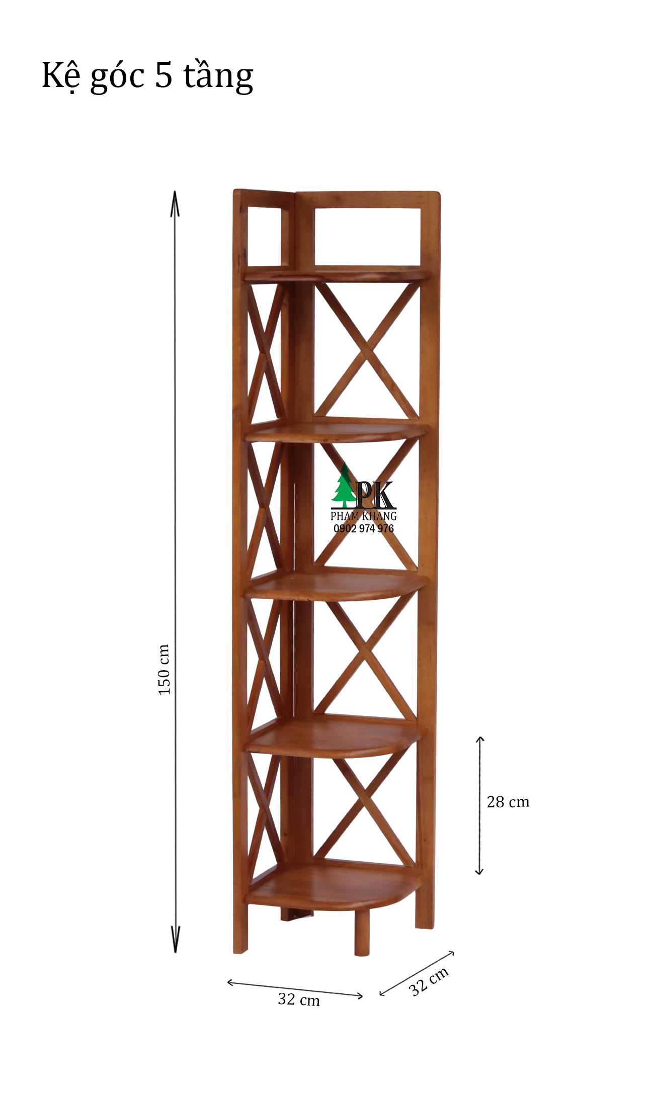 Kệ góc gỗ 5 tầng Phạm Khang - Gỗ cao su tự nhiên màu Gỗ Tự Nhiên/ Vàng Cherry - Kích thước rộng 32 cm và cao 150 cm
