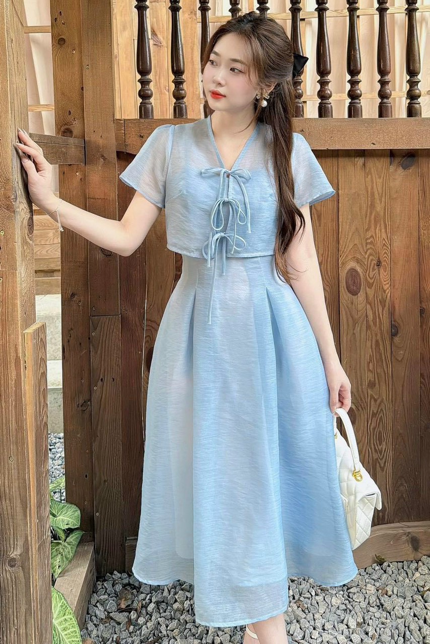 ĐẦM KÈM ÁO KHOÁC CỘT NƠ SIÊU XINH  MÀU Y HÌNH