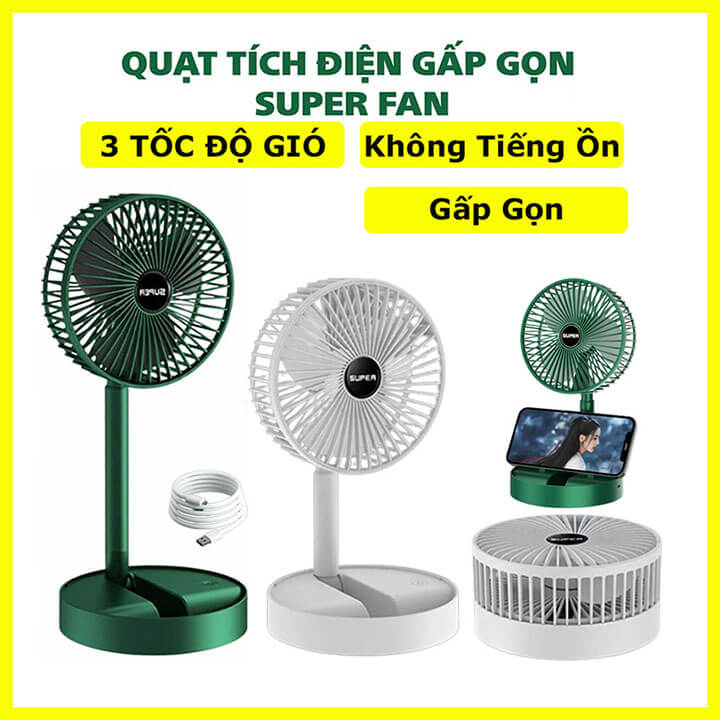 Quạt tích điện mini để bàn gấp gọn Super Fan có thể điều chỉnh độ cao, 3 tốc độ gió, sạc micro USB có giá đỡ điện thoại