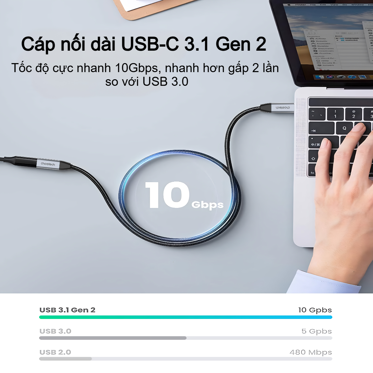 Cáp sạc nhanh nối dài Type-C 100W Choetech XCC-1039 hỗ trợ truyền tải dữ liệu 4K@60Hz (Hàng chính hãng)