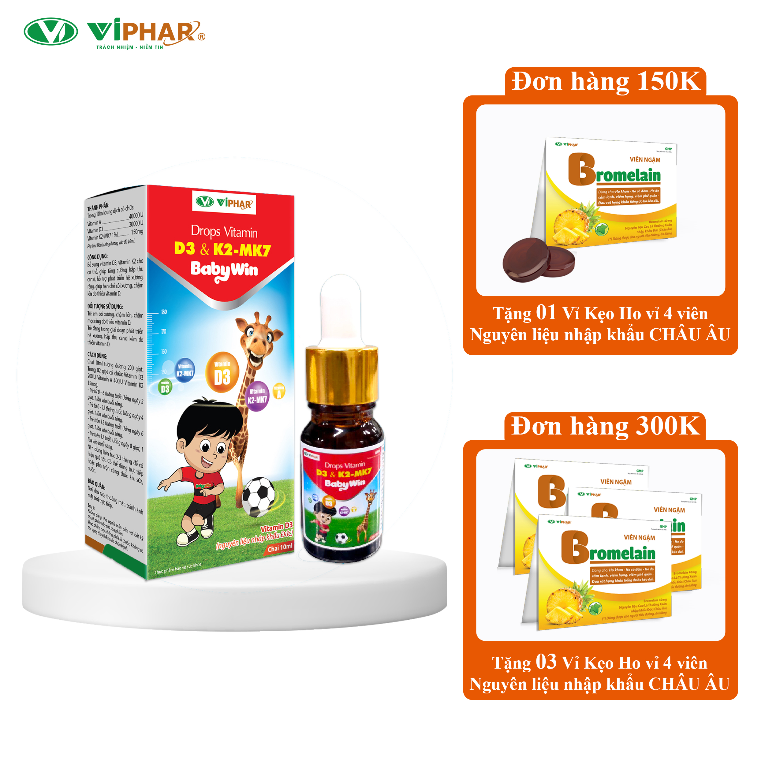 Chai Nhỏ Giọt Vitamin D3 Giúp Hấp Thu Canxi Tối Đa Cho Bé Từ 0 Tháng Tuổi Drops Vitmin D3&K2-Mk7 Babywin VIPHAR Chai 10Ml 200 Giọt