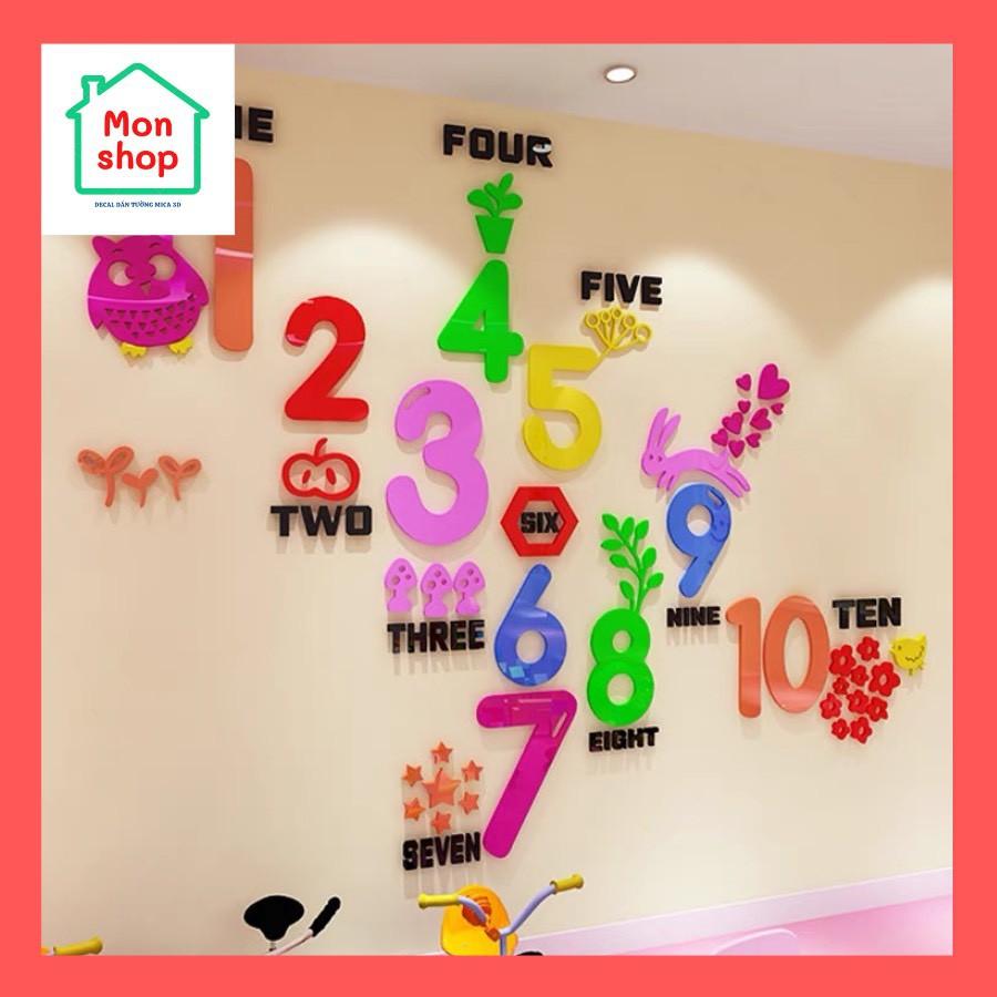 Decal dán tường mica 3D bảng số sắc màu cho bé học số, học tiếng anh, trang trí lớp học tiếng anh