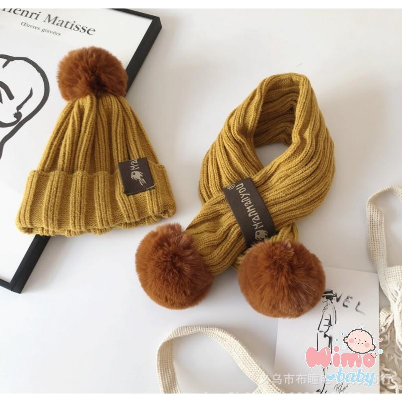 Set khăn mũ len trẻ em đính bông lớn len sọc dọc