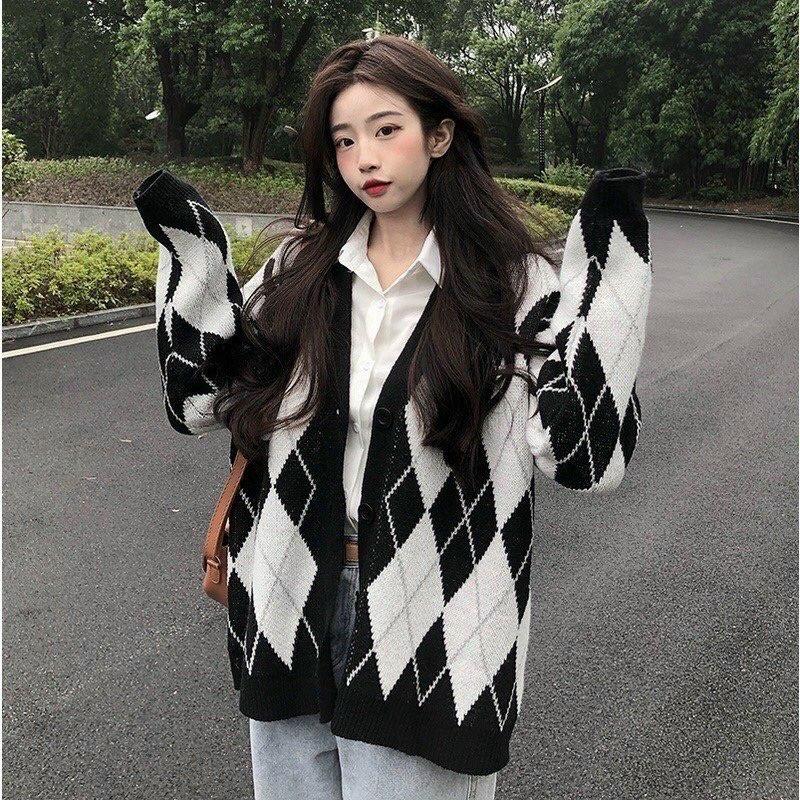 Áo Khoác Cardigan Len Nữ Kẻ Sọc Caro Kim Cương Đen Trắng, Cadigan Len Dày Phong Cách Hàn Quốc, Labibi