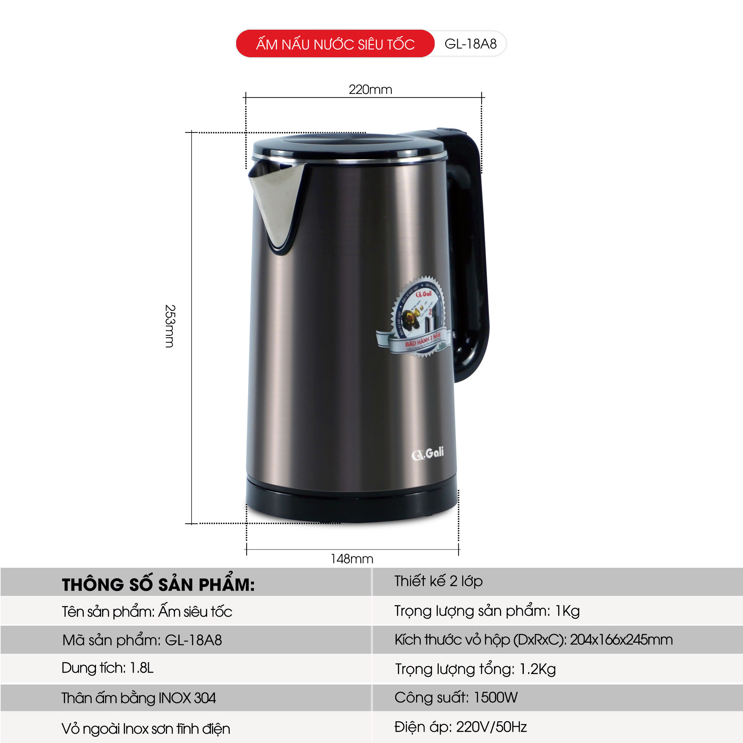 Ấm Siêu Tốc Gali GL-18A8 Thân Ấm Nguyên Khối Inox 304. Thiết kế 2 lớp Chống Nóng. hàng chính hãng, bảo hành 24 tháng