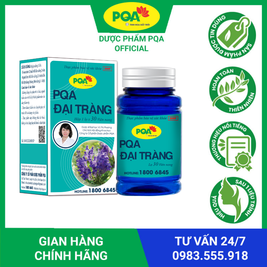 PQA Đại Tràng lọ 30 viên nang là dược phẩm thảo dược dùng cho người bị viêm đại tràng hỗ trợ ngăn ngừa các triệu chứng của viêm đại tràng cấp và mạn tính, rối loạn tiêu hóa.