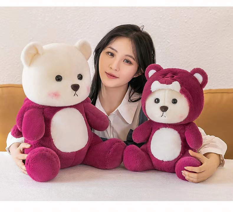 Gấu bông lena ngồi đội mũ gấu dâu đỏ đáng yêu, gấu teddy trắng cosplay