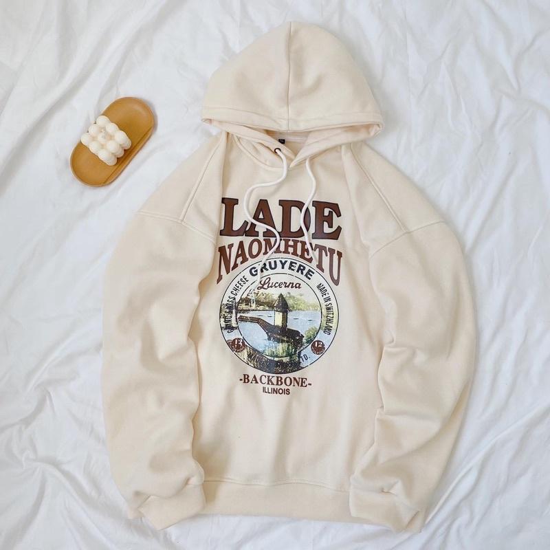 Áo Hoodie Nỉ Bông Unisex LADE màu KEM ️ Nam nữ unisex/Áo khoac hoodie có mũ form rộng Jaystoree