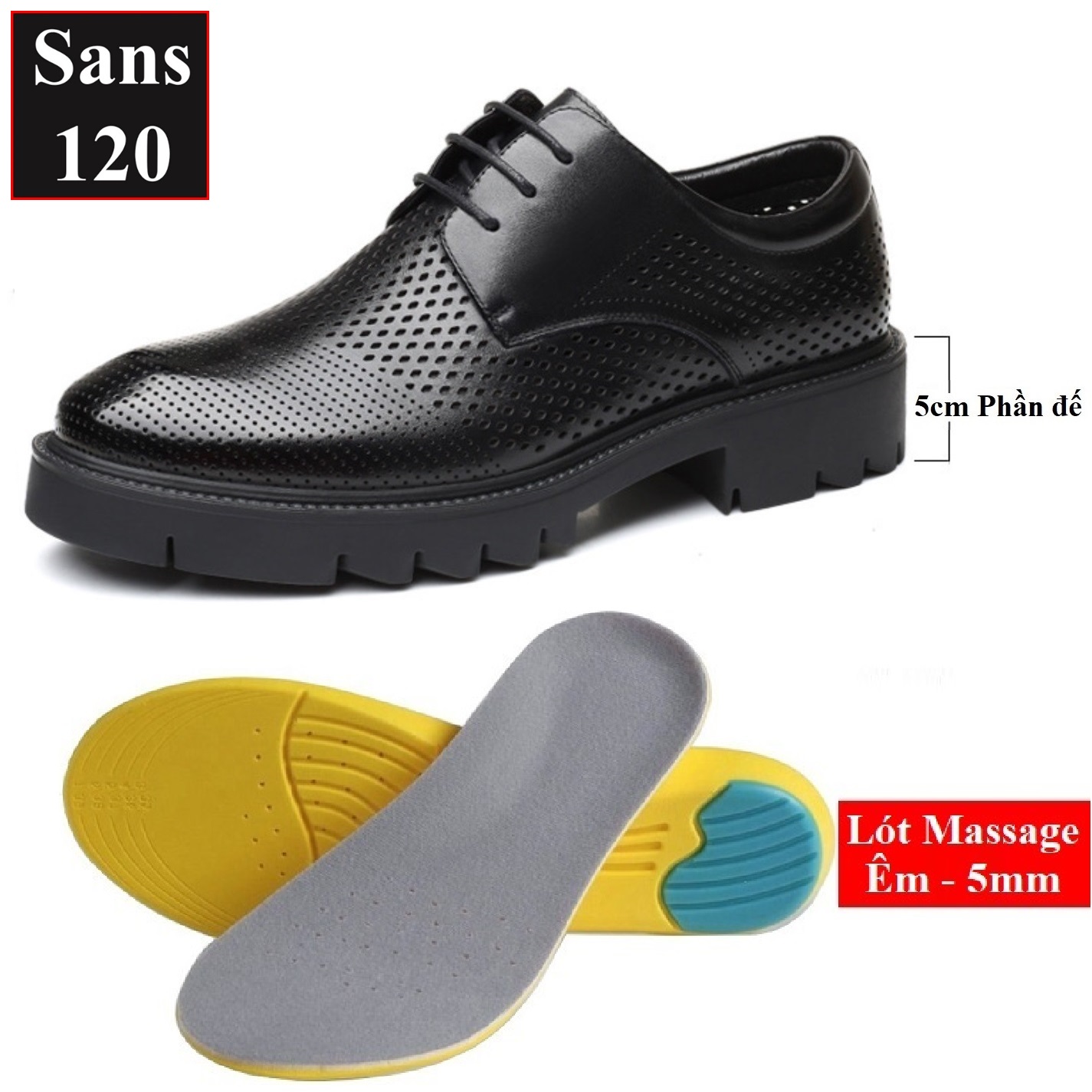 Giày da đục lỗ đế độn 10cm Sans120 mùa hè mát thoáng khí da bò tăng chiều cao 8cm giầy tây size 37 cao cấp nam nữ unisex