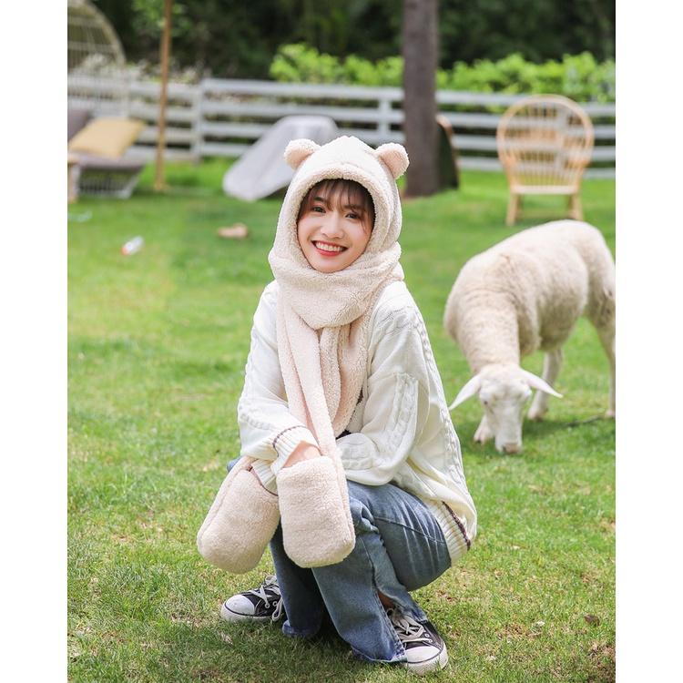 Mũ Len Trùm Đầu Kèm Khăn Và Bao Tai 3 Trong 1 Siêu Xinh Kiểu Dáng Mũ Lông Cừu Tai Gấu Hàn Quốc Dày Mịn Ấm Áp