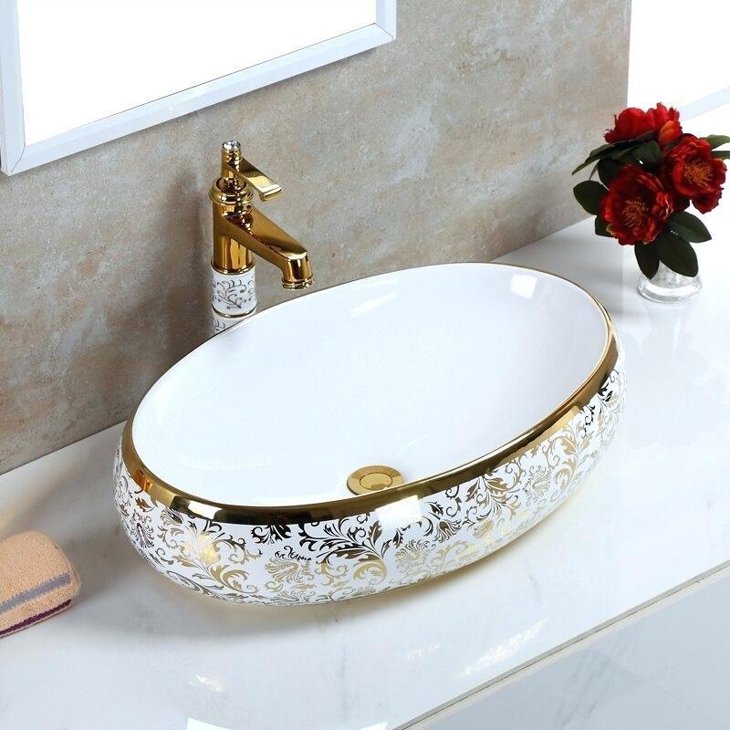 Chậu sứ lavabo để bàn hình oval, vân cổ điển màu vàng tuyệt đẹp