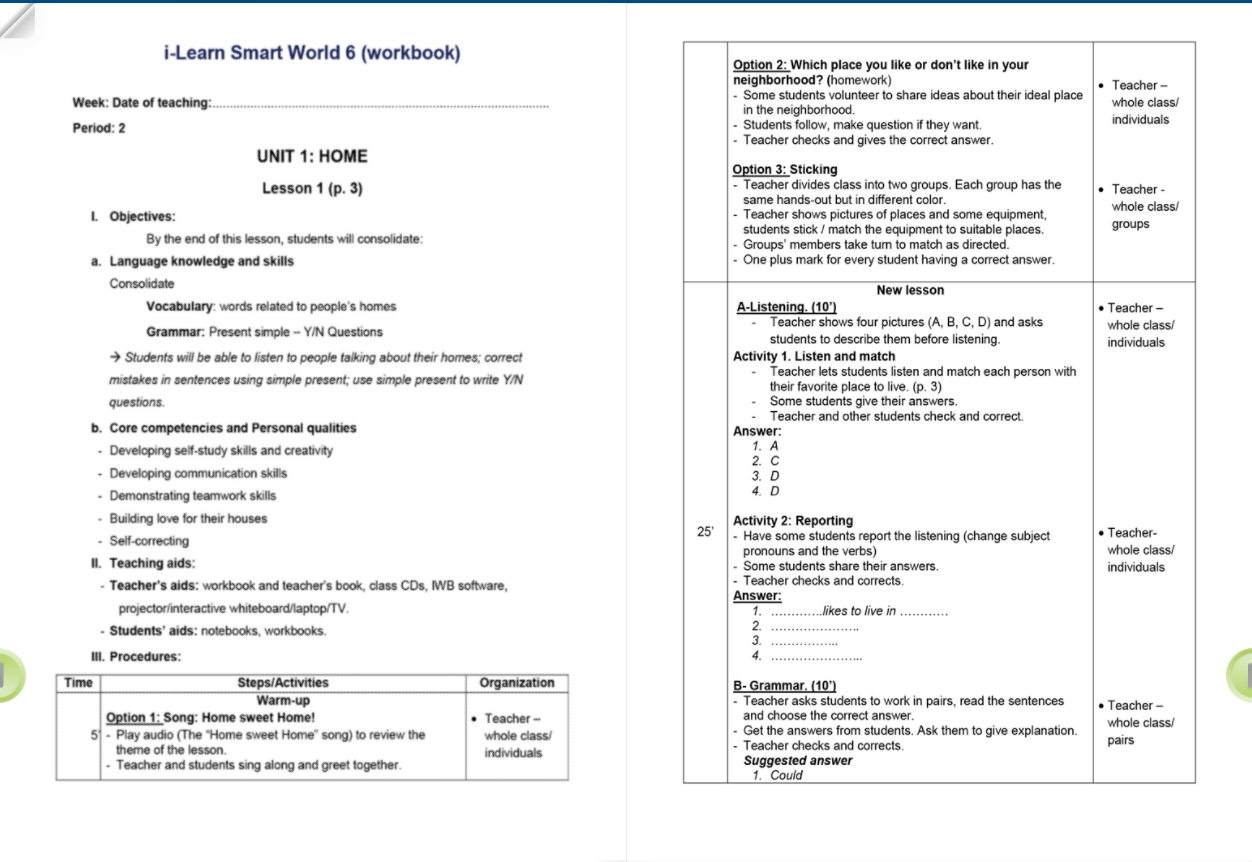 Tiếng Anh 6 i-Learn Smart World Giáo án gợi ý Sách bài tập
