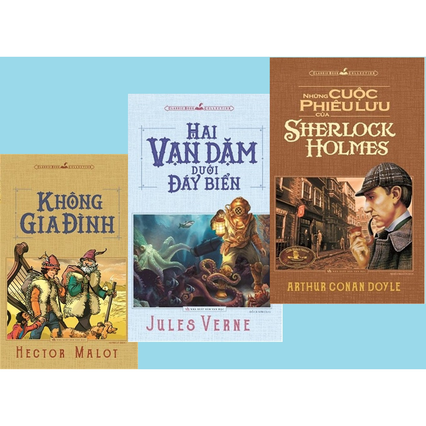 COMBO 3 CUỐN SÁCH :NHỮNG CUỘC PHIÊU LƯU CỦA SHERLOCK HOLMES + KHÔNG GIA ĐÌNH + HAI VẠN DẶM DƯỚI ĐÁY BIỂN