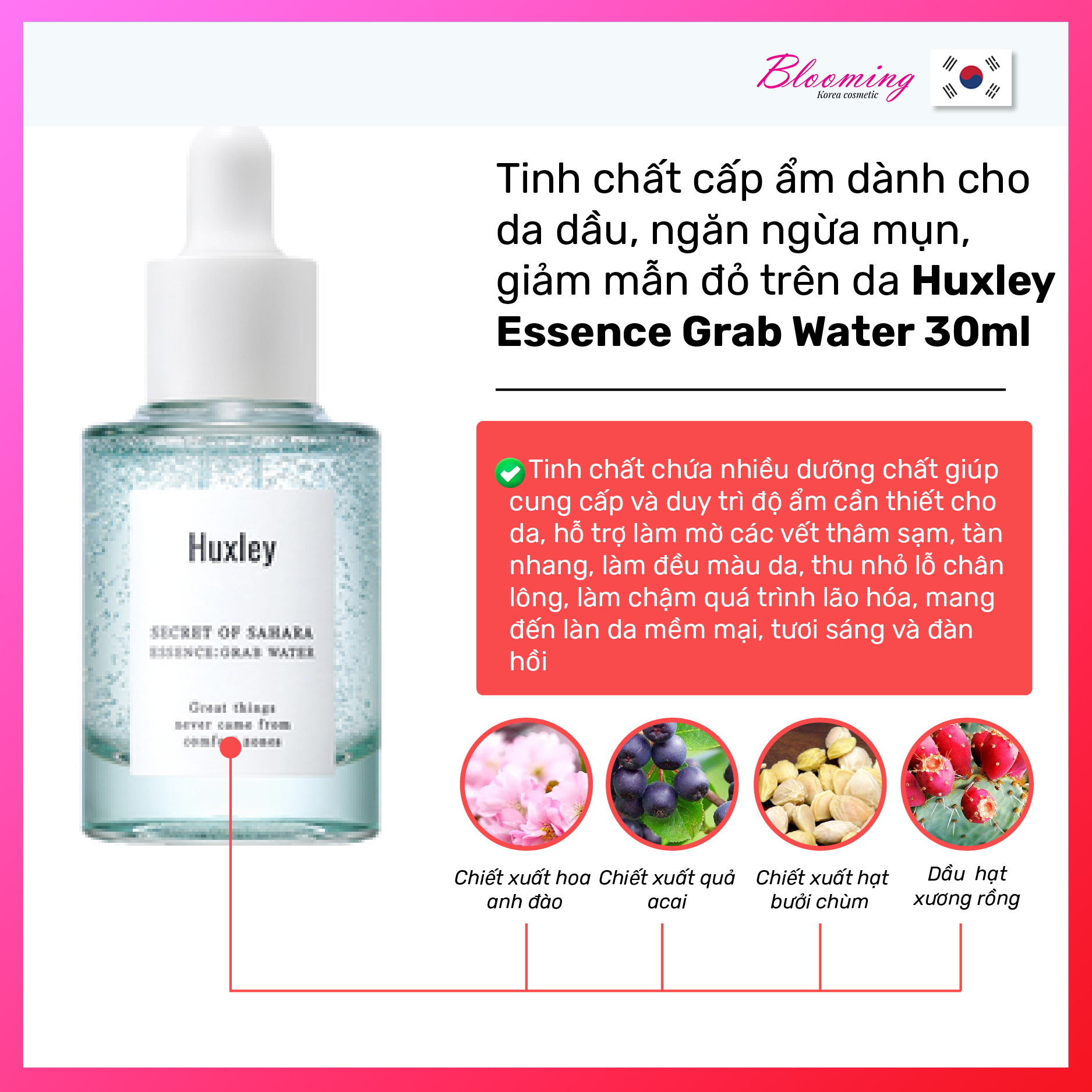 Tinh chất dưỡng ẩm cao cấp dành cho da khô, da dầu Huxley Essence Grap Water 30ml.
