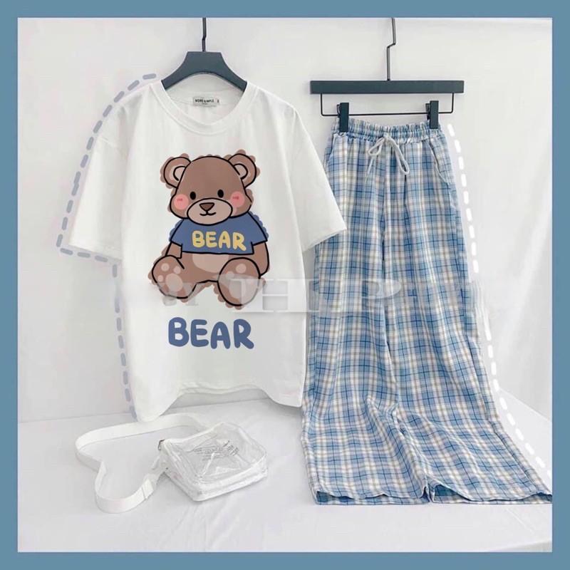Sét áo gấu nâu BEAR + quần kẻ xanh TH6