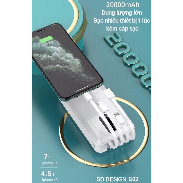 Pin Sạc Dự Phòng G02 20.000mah -Tích Hợp Sẵn Cáp Sạc 3 Đầu-Hàng Nhập Khẩu