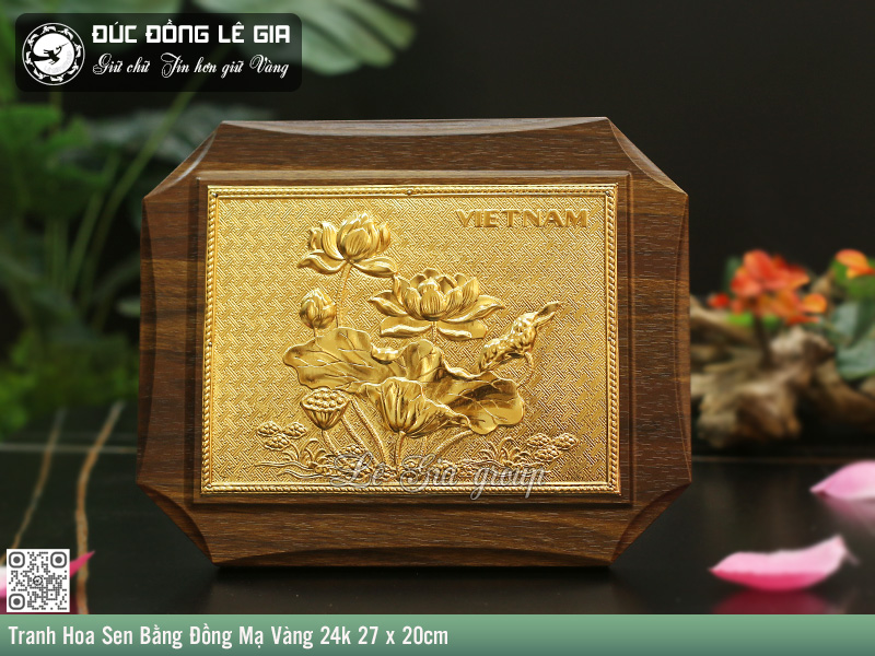 Tranh Hoa Sen Bằng Đồng Mạ Vàng 24k 27 x 20cm