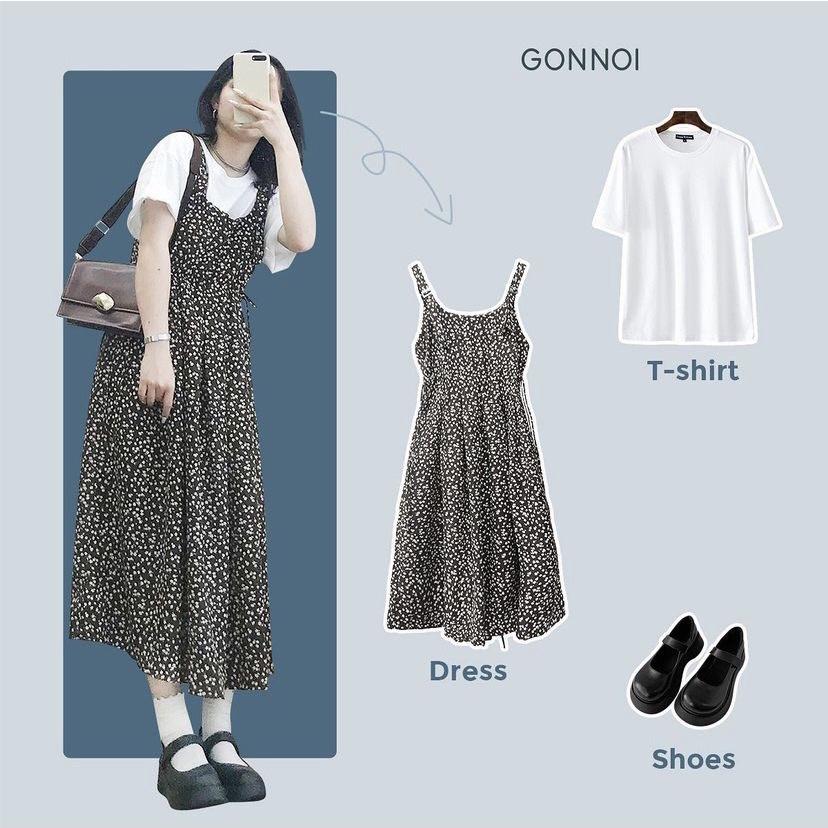 HOTSUMMER - GONNOI- Váy Yếm Hoa Nhí Họa Tiết Nâu Be