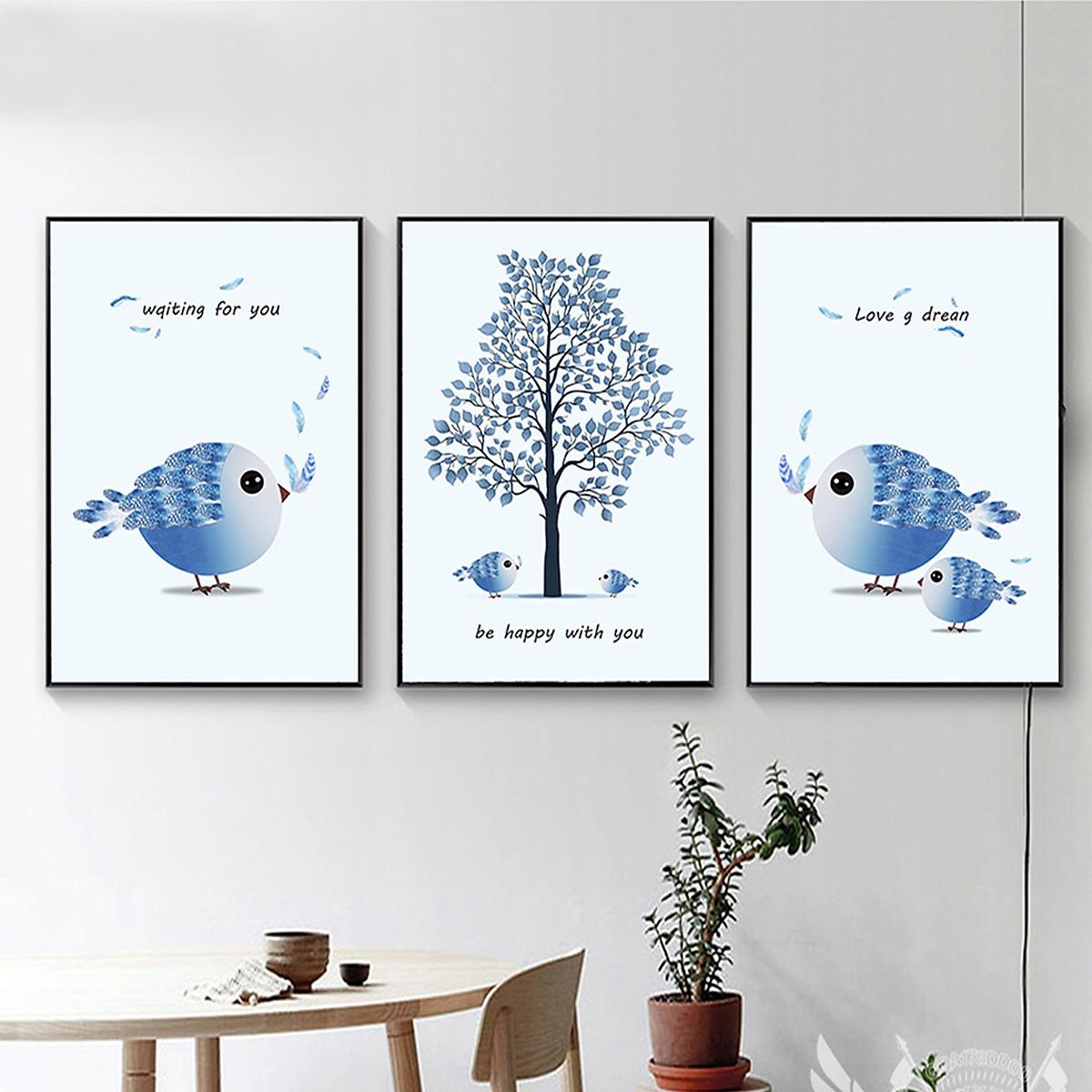 Tranh Tráng Gương Cao Cấp Treo Tường Hiện Đại _ Tranh Bộ 3 Những Chú Chim Đáng Yêu