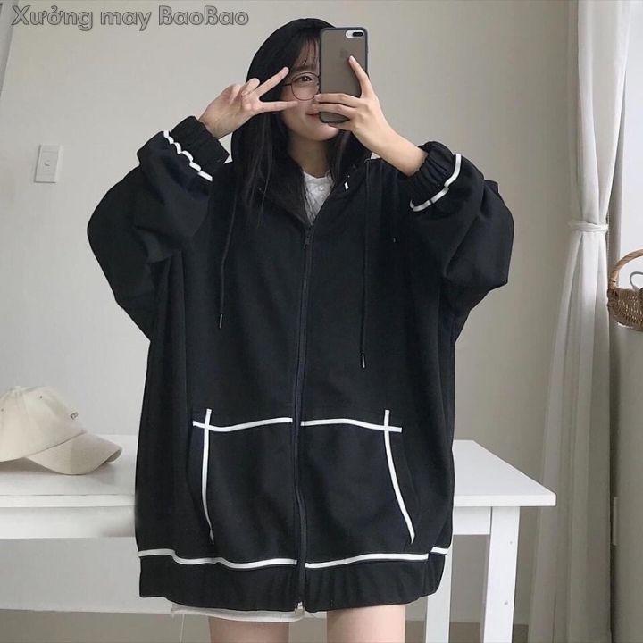 Áo Khoác Nỉ Hoodie Nữ Tay Bồng Viền - - Jacket form rộng có mũ, năng động ba màu ĐEN | XANH TÍM THAN | HỒNG