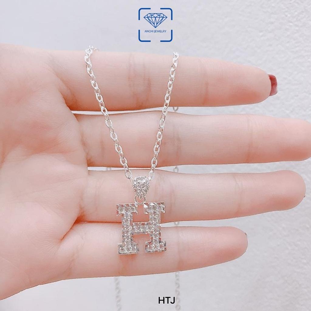 Mặt dây chuyền chữ cái bản to bạc đính đá, dây chuyền chữ,Anchi jewelry