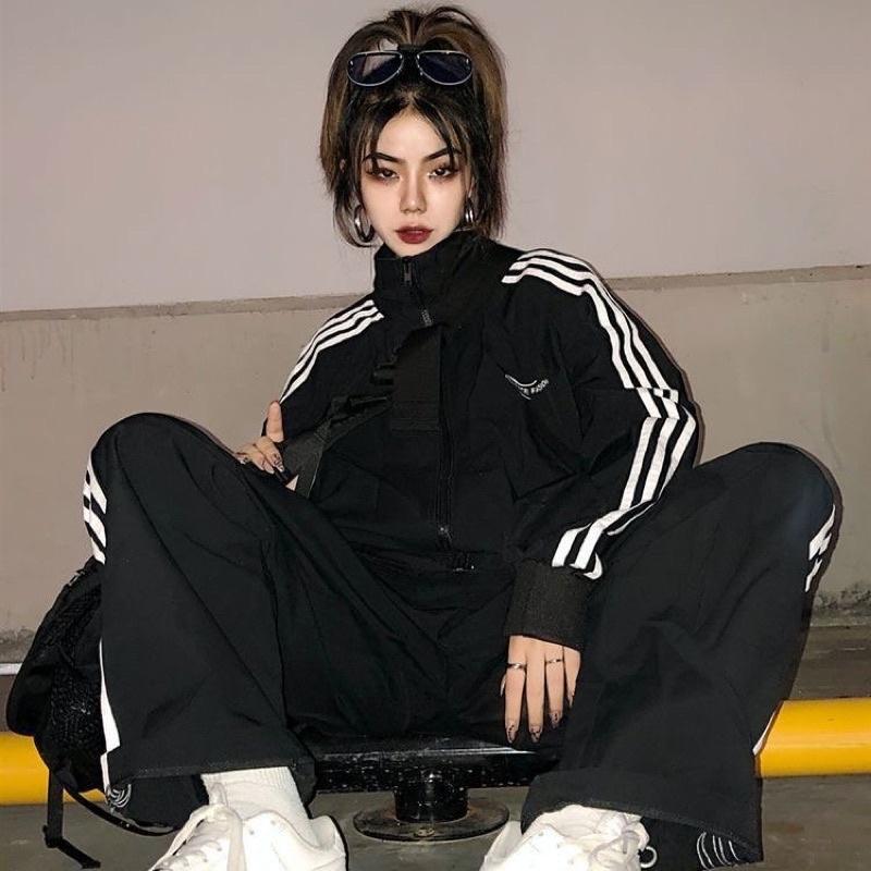 {Hottrend} Bộ Quần Áo Thể Thao 3 Sọc Dáng Rộng Phong Cách Hip Hop Hàn Quốc Thời Trang Thu Đông Cá Tính