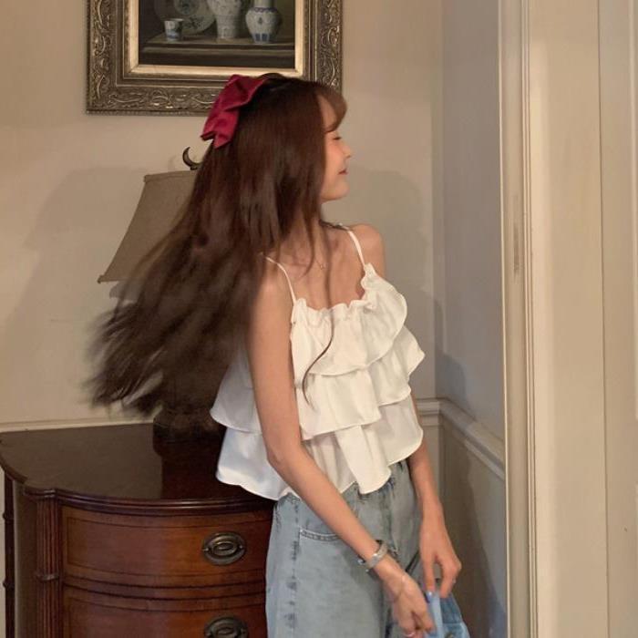 Áo hai dây, Áo croptop trễ vai bánh bèo tiểu thư nhiều tầng xinh xắn đi dã ngoại đi chơi đi du lịch thoáng mát AO003