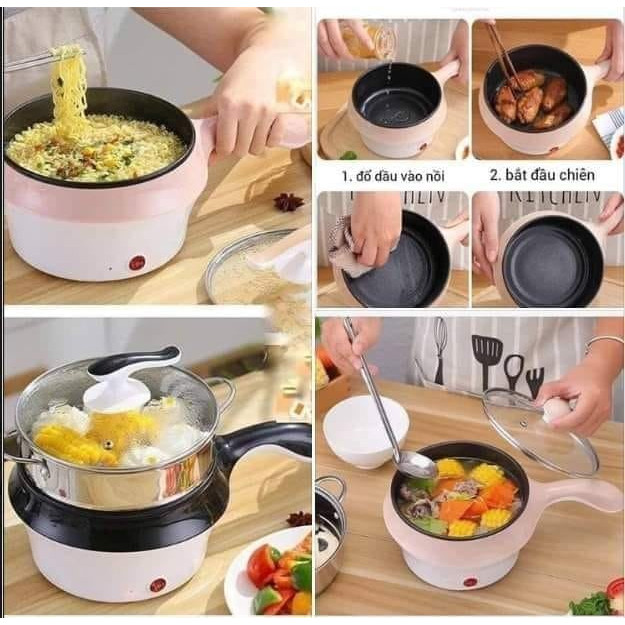 Nồi Điện Mini size 18cm Hai Tầng Đa Năng Tặng Kèm Khay Hấp inox, nồi lẩu điện mini ca nấu mì chống dính 1 nấc nhiệt