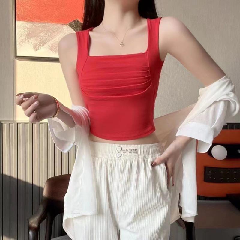 Áo thun nữ cổ vuông nhún trước ngực có đệm ngực dáng ngắn croptop mùa hè 2023