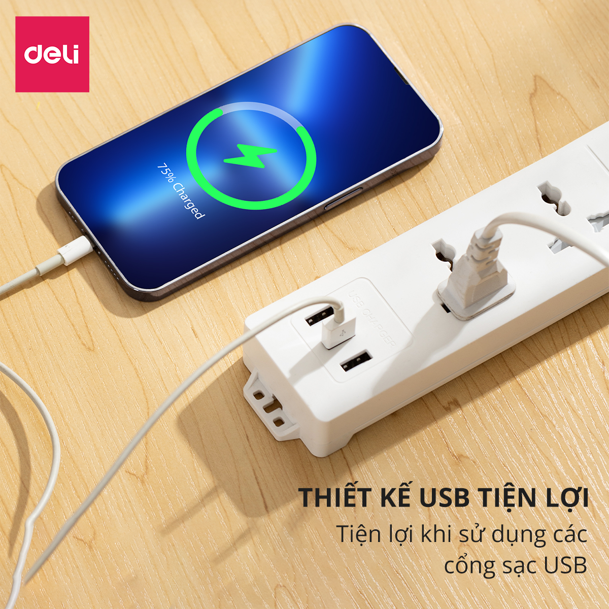 Ổ Cắm Điện Đa Năng Kèm Cổng USB Có Công Tắc Chống Giật Chống Cháy Chất Lượng Cao Deli - Hàng Chính Hãng - ET407 408