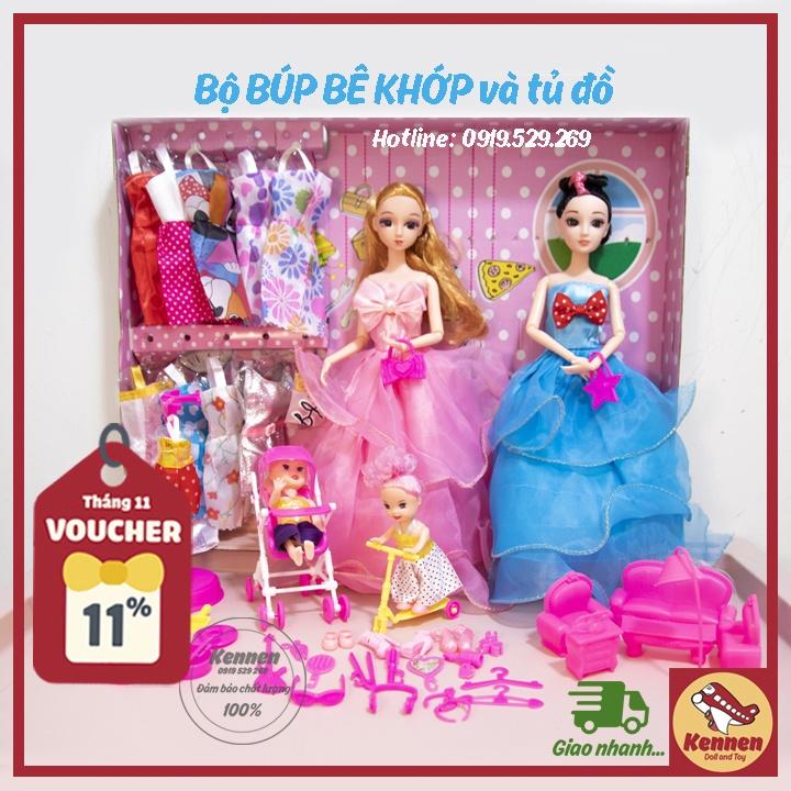 Búp bê công chúa 3D có khớp linh hoạt kèm 2 búp bê loại nhỏ và nhiều phụ kiện ( váy, trang sức, gương,.....) để tạo kiểu