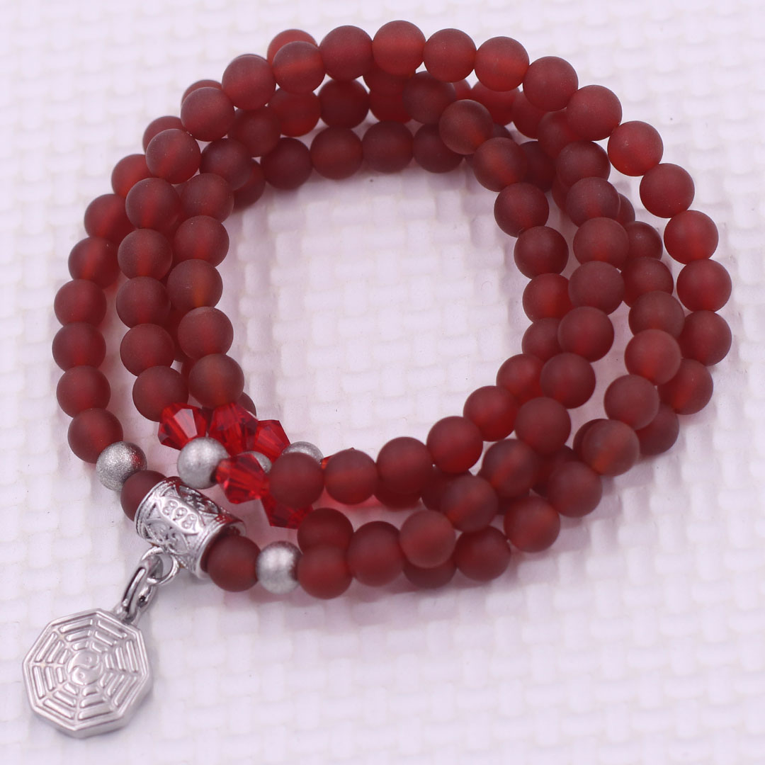 Vòng chuỗi 108 hạt đá thạch anh đỏ mờ 6 ly charm bát quái inox - vòng chuỗi niệm Phật, vòng tay chuỗi hạt