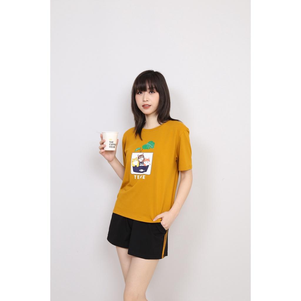 Bộ Đồ Nữ Cotton Mặc Nhà Mùa Hè Tay Cộc Quần Đùi Sọc Cổ Tròn Cao Cấp In Mèo CT Women