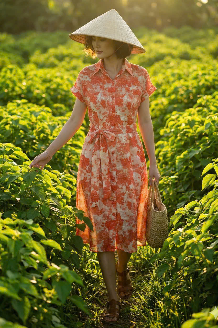 Đầm Sơ Mi Ramie Hoa Đỏ Thanh Minh Dre232 Thời trang Hity