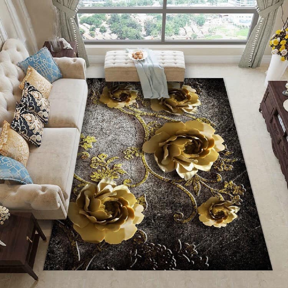 Thảm trang trí trải sàn Sofa phòng khách sang trọng hiện đại Bali in 3D Nhung nỉ lì cao cấp BL41 - Đa Giác Cam